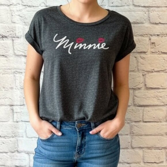 Minnie Mouse Disney Scoop Neck Gray T-Shirt | Women's Size Large - Picture 2 of 8